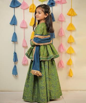 Green block printed kurta with sharara and dupatta set. 4