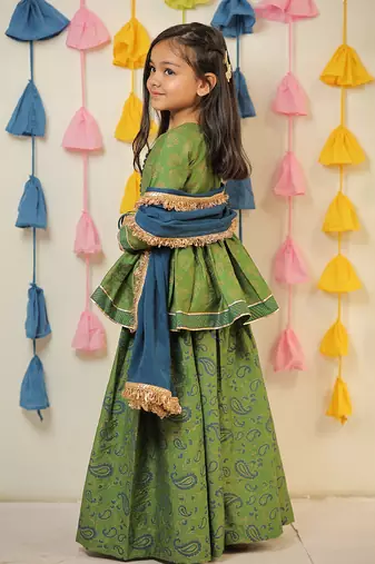 Green block printed kurta with sharara and dupatta set.