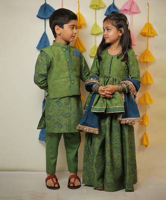 Green block printed kurta with sharara and dupatta set. 5