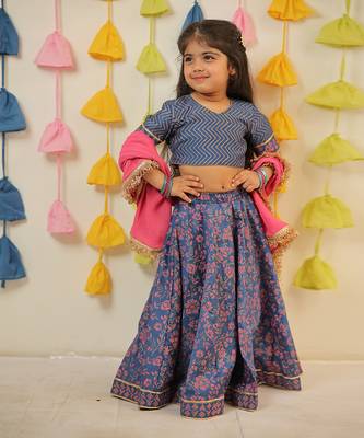 Blue block printed lehenga set. 1
