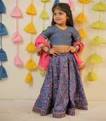 Blue block printed lehenga set.