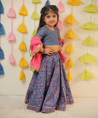Blue block printed lehenga set. 2