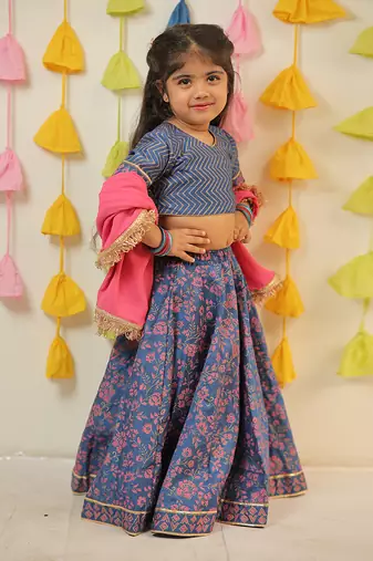 Blue block printed lehenga set.