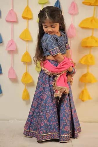 Blue block printed lehenga set.