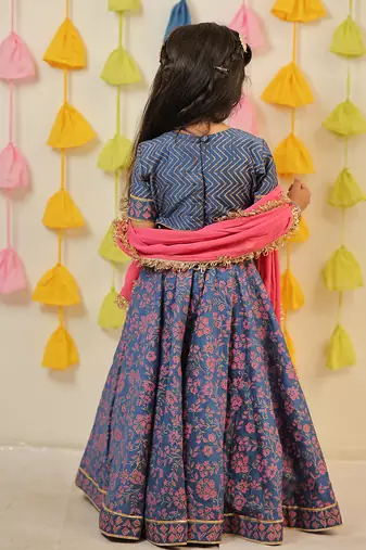 Blue block printed lehenga set.