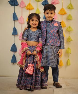Blue block printed lehenga set. 5