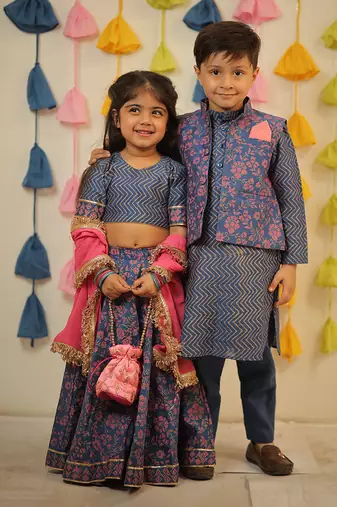 Blue block printed lehenga set.