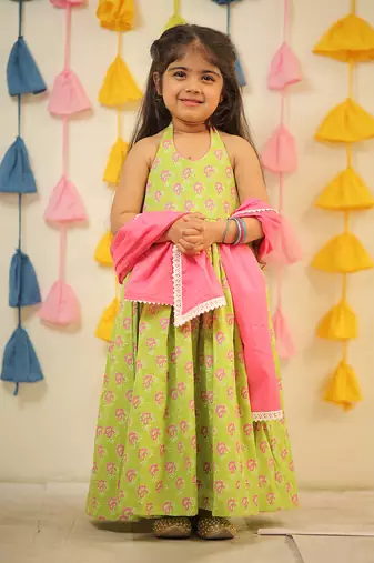 Green full length block printed kurta set