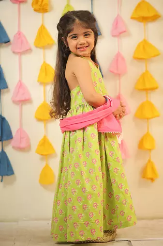 Green full length block printed kurta set