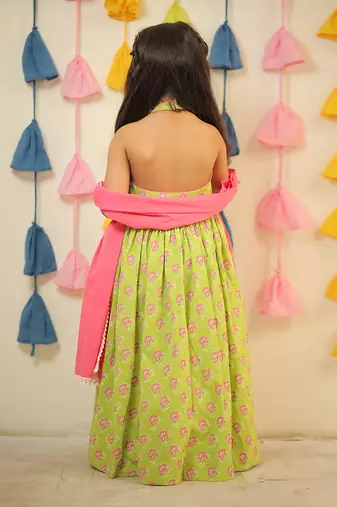 Green full length block printed kurta set