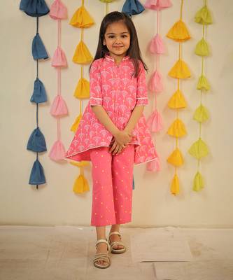 Pink block printed high-low kurta set. 1