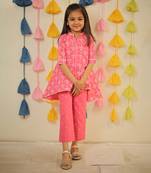 Pink block printed high-low kurta set.