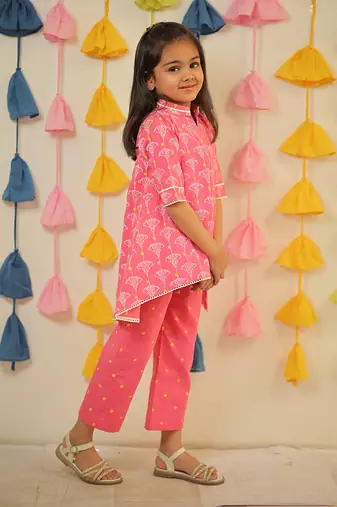 Pink block printed high-low kurta set.