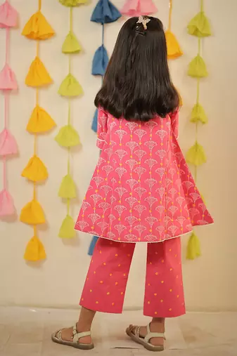 Pink block printed high-low kurta set.
