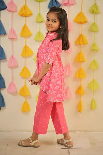 Pink block printed high-low kurta set.