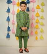 Green block printed kurta set.