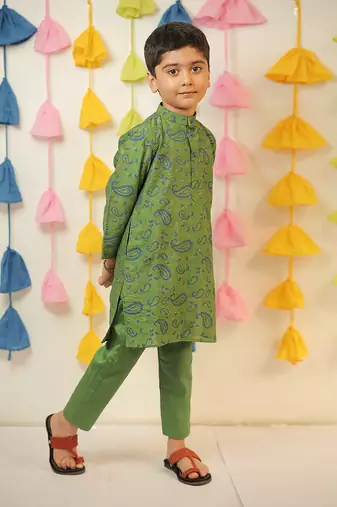 Green block printed kurta set.