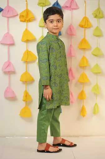Green block printed kurta set.