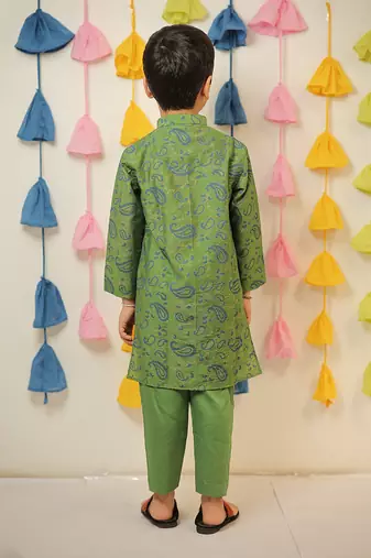 Green block printed kurta set.