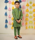 Green block printed kurta set with jacket