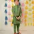 Green block printed kurta set with jacket