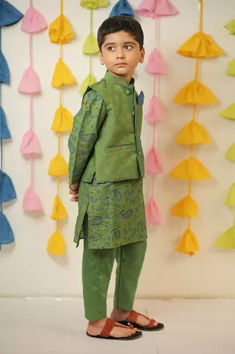 Green block printed kurta set with jacket