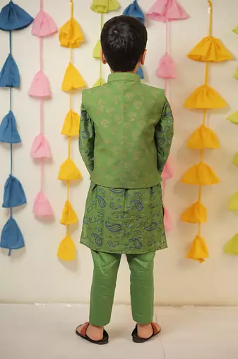Green block printed kurta set with jacket