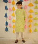 Green block printed kurta set.