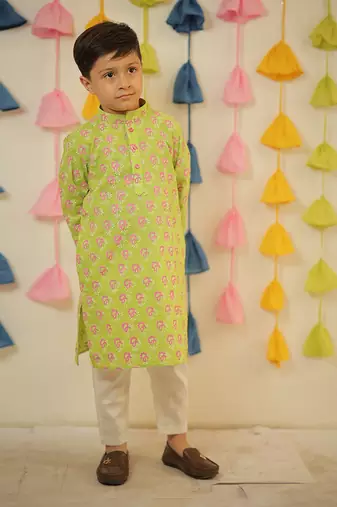 Green block printed kurta set.