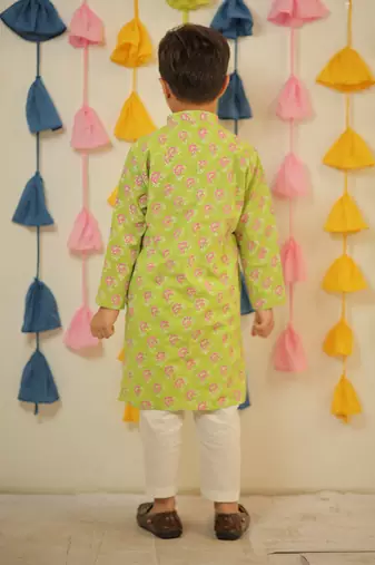 Green block printed kurta set.