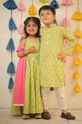 Green block printed kurta set.