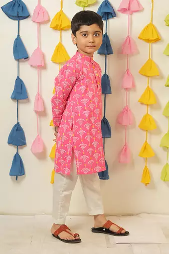 Pink block printed kurta set