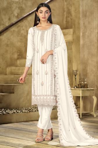 White color embroideried faux georgette semi stitched salwar suit
