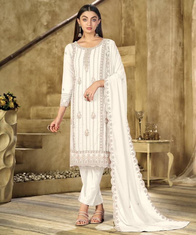 White color embroideried faux georgette semi stitched salwar suit