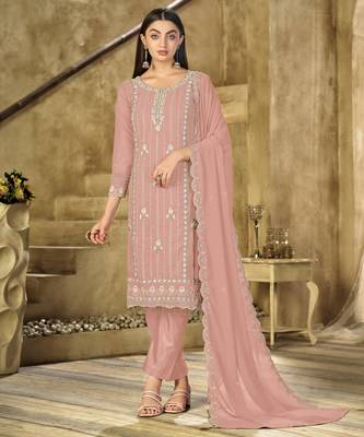 Peach embroidered faux georgette salwar suit 1