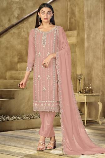 Peach color embroideried faux georgette semi stitched salwar suit