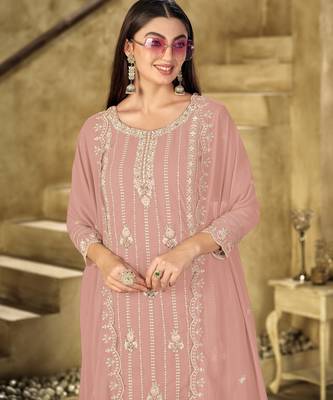 Peach embroidered faux georgette salwar suit 3