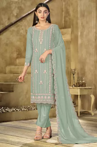 Mint color embroideried faux georgette semi stitched salwar suit