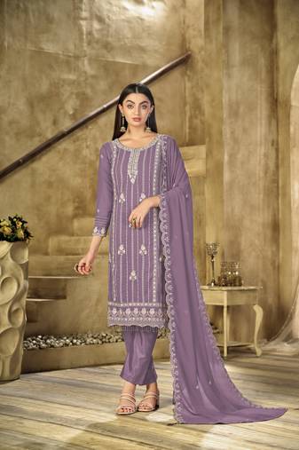 Lavender  color embroideried faux georgette semi stitched salwar suit