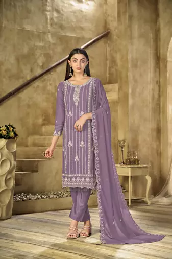 Lavender  color embroideried faux georgette semi stitched salwar suit