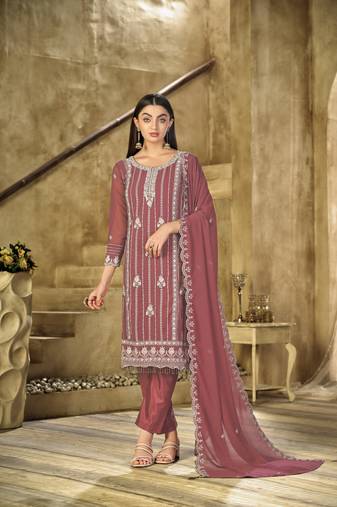 Gajari color embroideried faux georgette semi stitched salwar suit