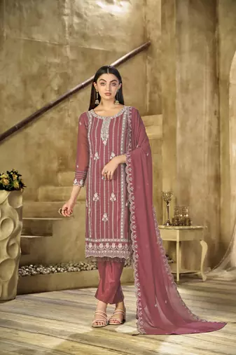 Gajari color embroideried faux georgette semi stitched salwar suit