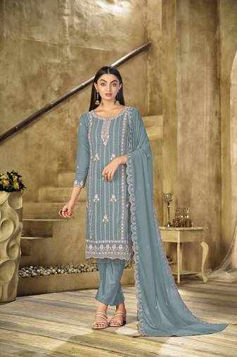 Light teal color embroideried faux georgette semi stitched salwar suit