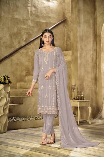 Chiku color embroideried faux georgette semi stitched salwar suit