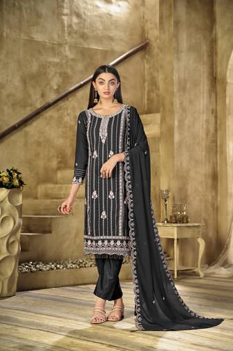 Black color embroideried faux georgette semi stitched salwar suit