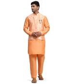 Orange kurta pant with nehru jacket silk for mens