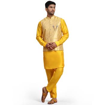Yellow jacquard kurta pant with nehru jacket silk for mens 1