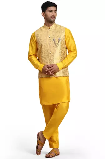 Yellow jacquard kurta pant with nehru jacket silk for mens
