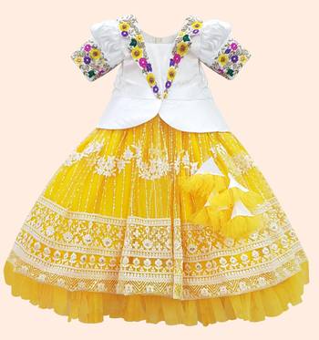 Lemon Yellow New south Indian traditional collar net pattu pavadai Lehenga choli for girls dress 1