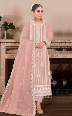 Peach embroidered viscose chinon salwar suit 1